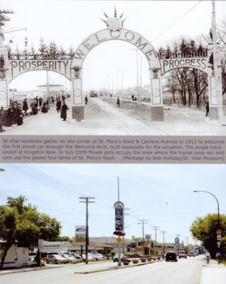 Then vs now of St. Mary's Road and Carriere Avenue from 1913.