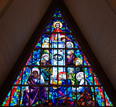 A stained glass window made by Leo Mol that depicts the Last Supper