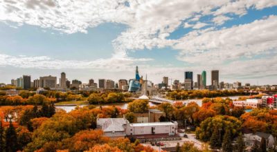 A bird's eye view overlooking Winnipeg during fall